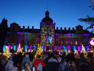 Nachtaufnahme: Weihnachtsmarkt vor einem historischen Schloss, beleuchtet mit bunten Lichtern, Engelprojektionen & festlichen Bäumen.