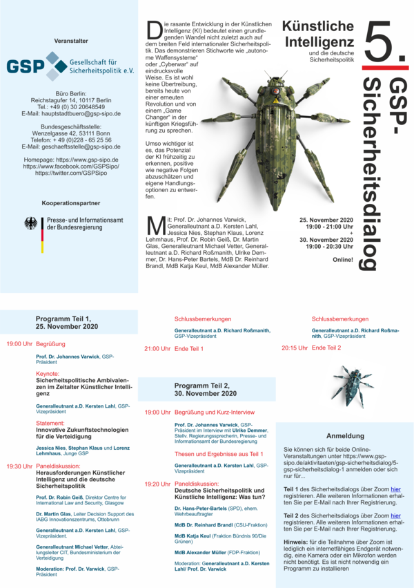 Programm für '5. GSP-Sicherheitsdialog' über KI und deutsche Sicherheitspolitik, mit getarntem Roboterinsekt.