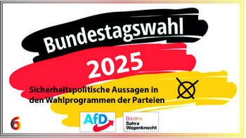 Bundestagswahl 2025: Sicherheitspolitische Aussagen in Parteiprogrammen, mit AfD, BSW und einem Ungültig-Symbol.