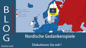 Karte von Europa: NATO (blau), CSTO (rot), neutral (weiß). Finnland mit NATO-Logo und Fragezeichen zu möglicher Mitgliedschaft.