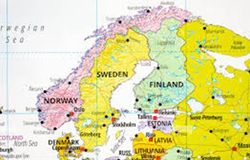 Politische Karte von Nordeuropa mit Norwegen, Schweden, Finnland, Dänemark, Estland, Lettland und angrenzenden Gebieten.