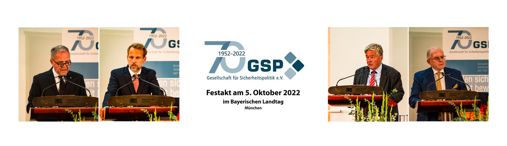 Festakt 70 Jahre GSP, 5. Oktober 2022 im Bayerischen Landtag München – vier Redner am Rednerpult des Bayerischen Landtags
