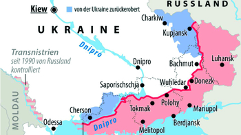 Karte der Ukraine: Russisch kontrollierte Gebiete (rot), von Ukraine zurückeroberte Flächen (blau) und Frontlinie.