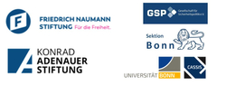 Logos der Friedrich-Naumann-Stiftung, Konrad-Adenauer-Stiftung, GSP, Sektion Bonn, Universität Bonn und CASSIS.