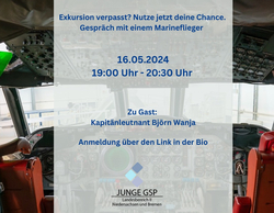 Ankündigung: Gespräch mit Marineflieger Björn Wanja (JUNGE GSP) am 16.05.2024, 19-20:30 Uhr, im Flugzeugcockpit.