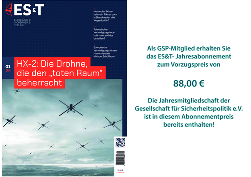 Titelblatt des ES&T Magazins mit HX-2 Drohne, die den „toten Raum“ beherrscht, und mehreren fliegenden Drohnen.