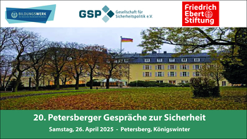Petersberger Gebäude mit deutscher Flagge, Bäumen und Rasen. Text: 20. Petersberger Sicherheitsgespräche, Sa, 26. April 2025, Königswinter.