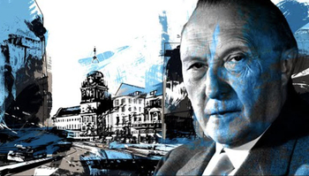 Konrad Adenauers Porträt, teilweise blau, mit abstrakter Stadtkulisse. Text: 'Adenauers Triumph: Heimkehr letzter Kriegsgefangener, 13.09.1955'.