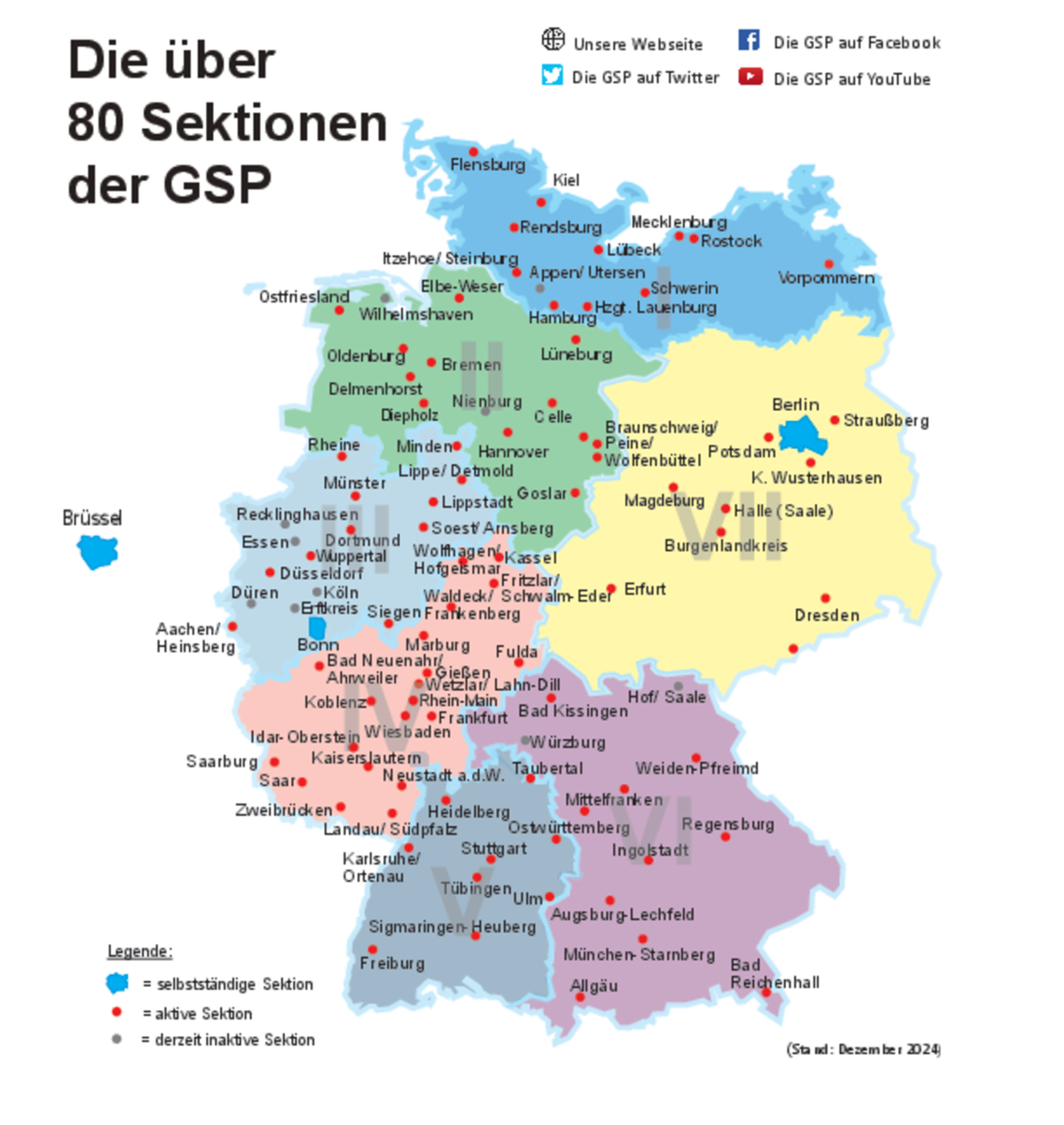 Karte Deutschlands mit über 80 GSP-Sektionen, markiert als selbstständig, aktiv oder inaktiv. Stand Dez. 2024.