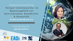 Plakat für Podiumsdiskussion zu Lateinamerika: Autoritarismus, Demokratie & Geopolitik, 12.03.2025, mit zwei Sprechern.