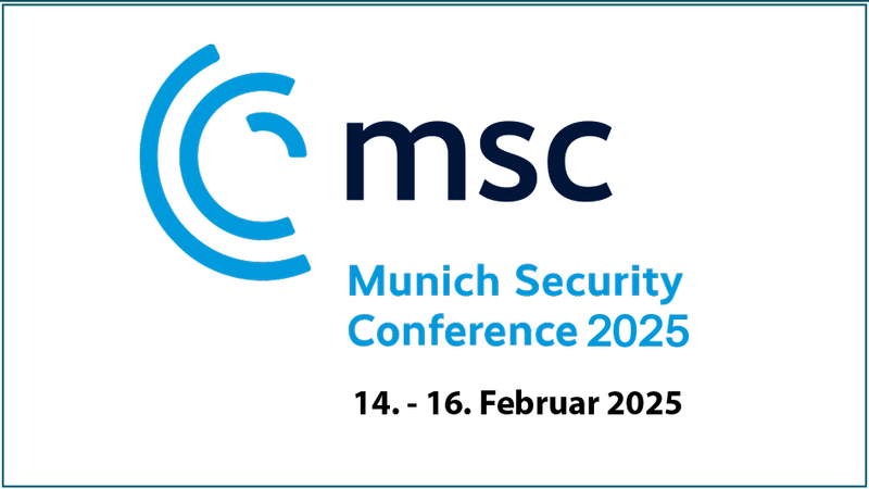 Logo der Münchner Sicherheitskonferenz 2025, vom 14. bis 16. Februar 2025. Zeigt das MSC-Akronym und Datum.