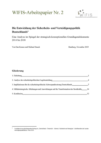 WIFIS Arbeitspapier 2: Deutschlands Sicherheits- und Verteidigungspolitik (2014-2018), mit Titelseite und Gliederung.