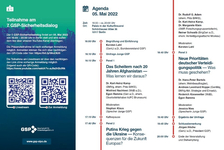 Agenda des 7. GSP-Sicherheitsdialogs am 05. Mai 2022 zu Afghanistan, Ukrainekrieg und deutscher Verteidigungspolitik.