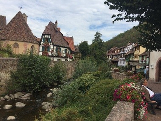 Malerisches elsässisches Dorf mit einem Bach, historischen Fachwerkhäusern und bunten Blumen.