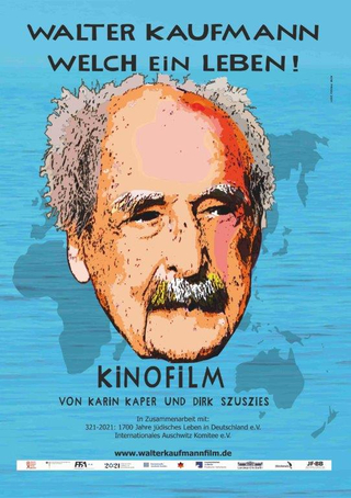 Illustriertes Porträt von Walter Kaufmann auf dem Filmplakat 'Welch ein Leben!' vor blauem Hintergrund mit Weltkartenumrissen.