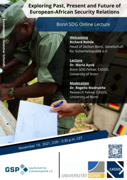 Poster für die Bonn SDG Online Lecture: 'Europäisch-Afrikanische Sicherheitsbeziehungen' am 19. Nov. 2021, 14:00-15:30 Uhr CET.