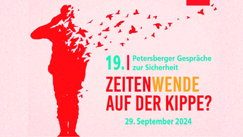 Soldat löst sich in Vögel auf, bewirbt 'Petersberger Gespräche: Zeitenwende auf der Kippe?' am 29. Sept. 2024.