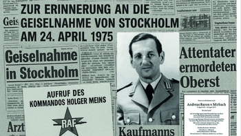 Collage aus Zeitungsartikeln über die Geiselnahme in Stockholm 1975 und ein Porträtfoto von Andreas von Mirbach, ermordet von der RAF.