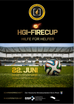 Poster für den HGI-FIRECUP, ein Fußball-Wohltätigkeitsturnier am 22. Juni in Kassel, zur Unterstützung von Helfern.