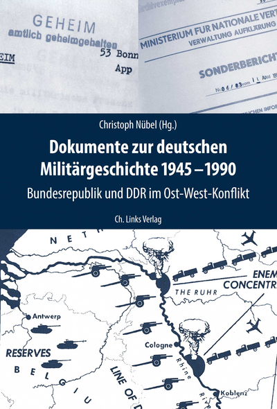 Buchcover: 'Deutsche Militärgeschichte 1945-1990'. Geheime Dokumente und Karte des Kalten Krieges mit Einheiten, Atomwolke.