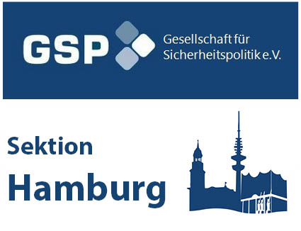 Logo der GSP Gesellschaft für Sicherheitspolitik e.V. Sektion Hamburg mit Stadtsilhouette von Hamburg.