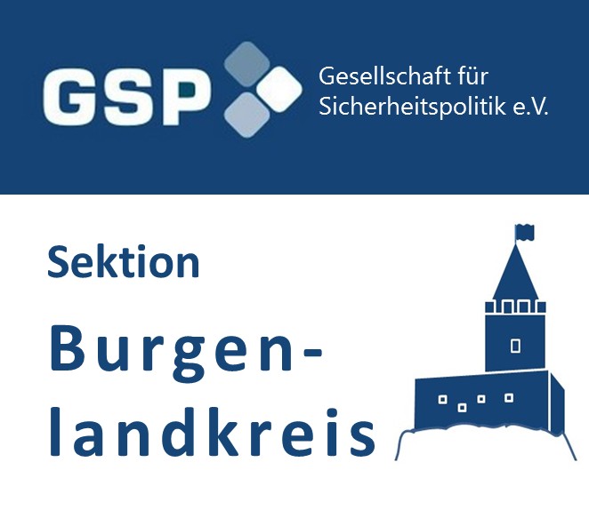 Logo der GSP, Gesellschaft für Sicherheitspolitik e.V., mit dem Text 'Sektion Burgenlandkreis' und einer Burg-Illustration.