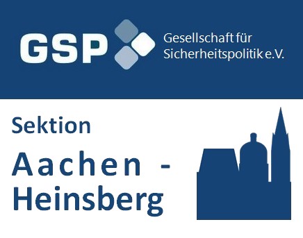 Logo der GSP, Gesellschaft für Sicherheitspolitik e.V., mit dem Text "Sektion Aachen - Heinsberg" und einer Stadtsilhouette.