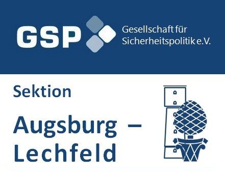 Logo der Gesellschaft für Sicherheitspolitik (GSP) Sektion Augsburg-Lechfeld mit Augsburger Perlachturm und Zirbelnuss.