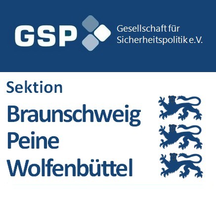 Logo der GSP, Gesellschaft für Sicherheitspolitik e.V., für die Sektion Braunschweig Peine Wolfenbüttel mit drei Löwen.
