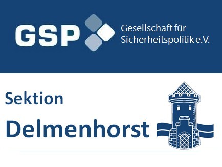 Logo der Gesellschaft für Sicherheitspolitik e.V., Sektion Delmenhorst, mit einem Turmsymbol.