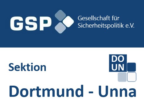Logo der GSP (Gesellschaft für Sicherheitspolitik e.V.) mit dem Text 'Sektion Dortmund - Unna' und einem DO/UN-Logo.