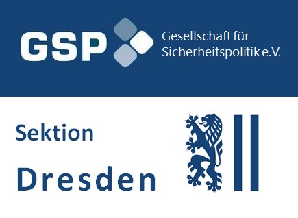 Logo der GSP, Gesellschaft für Sicherheitspolitik e.V., Sektion Dresden, mit Löwenwappen.