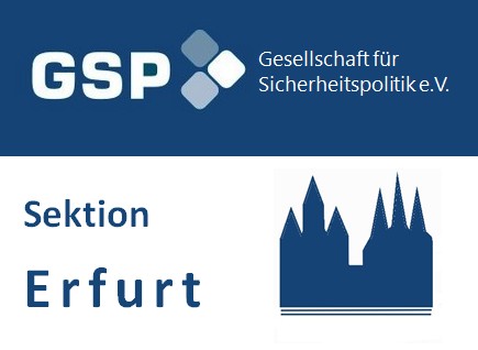 GSP Gesellschaft für Sicherheitspolitik e.V. Sektion Erfurt Logo mit Silhouette der Erfurter Stadtsilhouette.