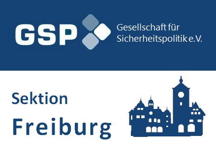 Logo der GSP (Gesellschaft für Sicherheitspolitik) Sektion Freiburg, mit GSP-Emblem und Freiburger Gebäudesilhouette.
