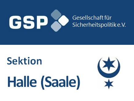 Logo der Gesellschaft für Sicherheitspolitik e.V. (GSP) Sektion Halle (Saale) mit Wappen der Stadt.