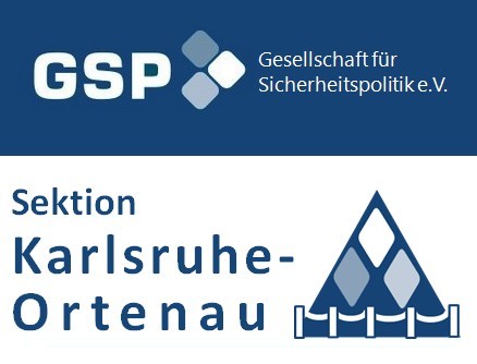 Logo der GSP (Gesellschaft für Sicherheitspolitik e.V.) und ihrer Sektion Karlsruhe-Ortenau, mit abstrakten Quadrat- und Pyramidsymbolen.