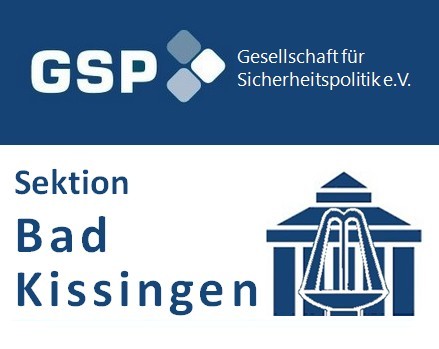 Logo der GSP, Gesellschaft für Sicherheitspolitik e.V., Sektion Bad Kissingen, mit Gebäude und Justizwaage.