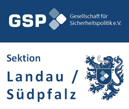 Logo der Gesellschaft für Sicherheitspolitik e.V., Sektion Landau / Südpfalz, mit GSP-Emblem und Löwenwappen.