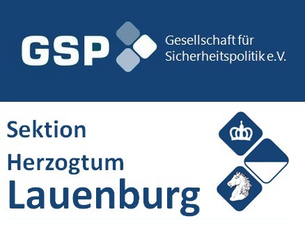 Logo der GSP (Gesellschaft für Sicherheitspolitik e.V.), Sektion Herzogtum Lauenburg, mit Krone, Flagge und Springer-Symbolen.