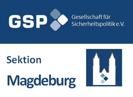 Logo der GSP, Gesellschaft für Sicherheitspolitik e.V., Sektion Magdeburg, mit einer Darstellung des Magdeburger Doms.