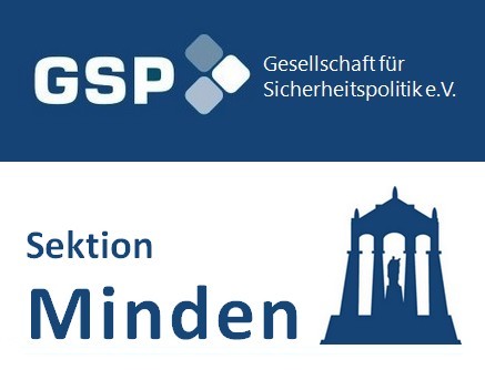 Logo der GSP Gesellschaft für Sicherheitspolitik e.V., Sektion Minden, mit dem Kaiser-Wilhelm-Denkmal.