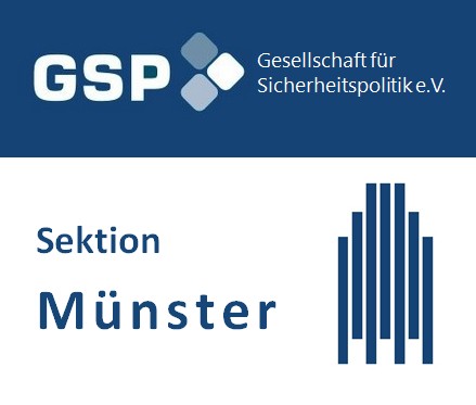 GSP (Gesellschaft für Sicherheitspolitik e.V.) Sektion Münster Logo, mit GSP-Emblem und abstrakter Gebäude-Grafik.
