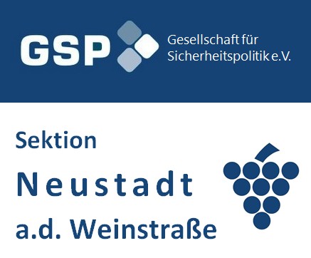 Logo der GSP (Gesellschaft für Sicherheitspolitik e.V.) mit Text 'Sektion Neustadt a.d. Weinstraße' und Traubensymbol.