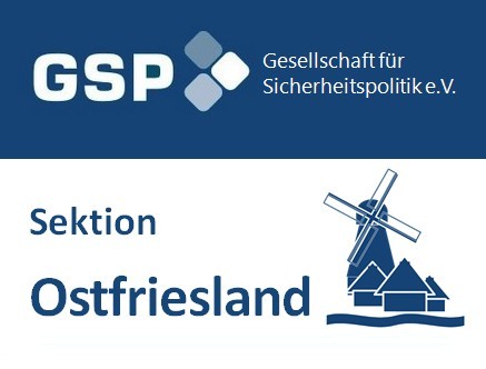 Logo der GSP, Gesellschaft für Sicherheitspolitik e.V., Sektion Ostfriesland, mit Windmühle und Häusern.