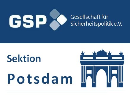 Logo der Gesellschaft für Sicherheitspolitik e.V. (GSP) und ihrer Sektion Potsdam mit Brandenburger Tor Symbol.