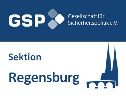 Logo der GSP, Gesellschaft für Sicherheitspolitik e.V., mit Text "Sektion Regensburg" und Silhouette des Regensburger Doms.