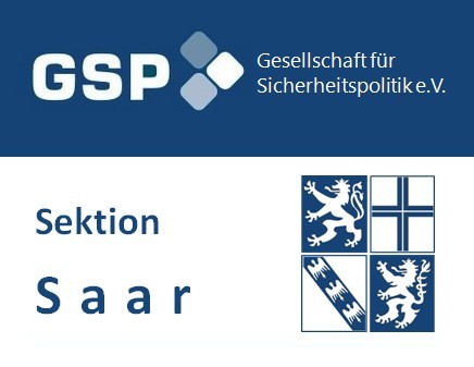 Logo der Gesellschaft für Sicherheitspolitik e.V. mit dem Text 'Sektion Saar' und dem Wappen des Saarlandes.