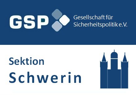 Logo der GSP (Gesellschaft für Sicherheitspolitik), Sektion Schwerin, mit dem Namen der Organisation und einer Schlosssilhouette.