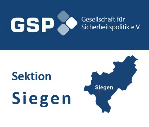 Logo der Gesellschaft für Sicherheitspolitik e.V. (GSP) und 'Sektion Siegen' mit Karte, die Siegen zeigt.