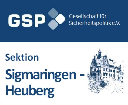 Logo der GSP (Gesellschaft für Sicherheitspolitik e.V.) und ihrer Sektion Sigmaringen - Heuberg mit einer Burgillustration.